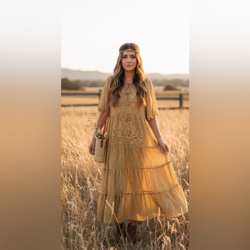 Calista Yellow Floral Tiered Maxi Dress Size M Boho Cottagecore Summer Fall